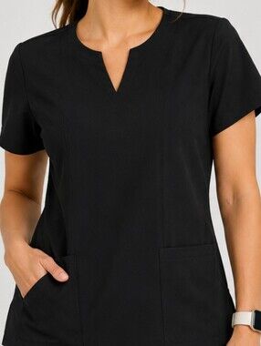 Mandala Black Scrub Top Women’s Large L Equa-Tek Stretch V-Neck Medical